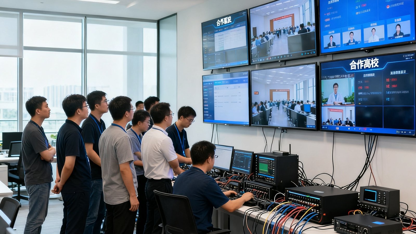 BG视讯科技北京总部开放式办公区内，二十余名技术工程师正在调试视讯设备，墙上挂着多块高清屏幕显示各地合作医院与高校的实时连接状态