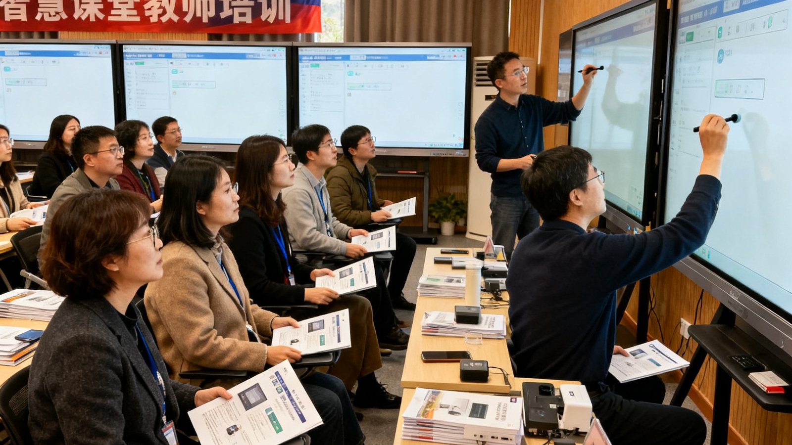 BG视讯平台在南京大学举办的智慧课堂教师培训活动现场，三十余名教师正在学习互动白板的操作技巧