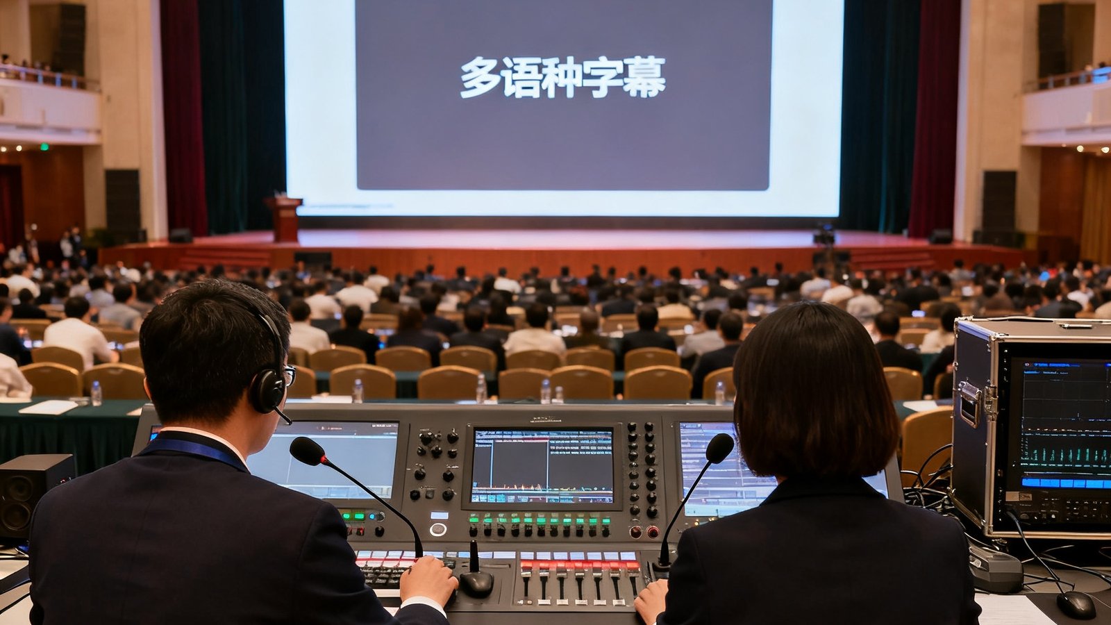 大型国际学术会议主会场内，BG视讯平台搭建的同声传译控制台前，两名译员正通过专业设备进行实时翻译，会场大屏幕显示多语种字幕