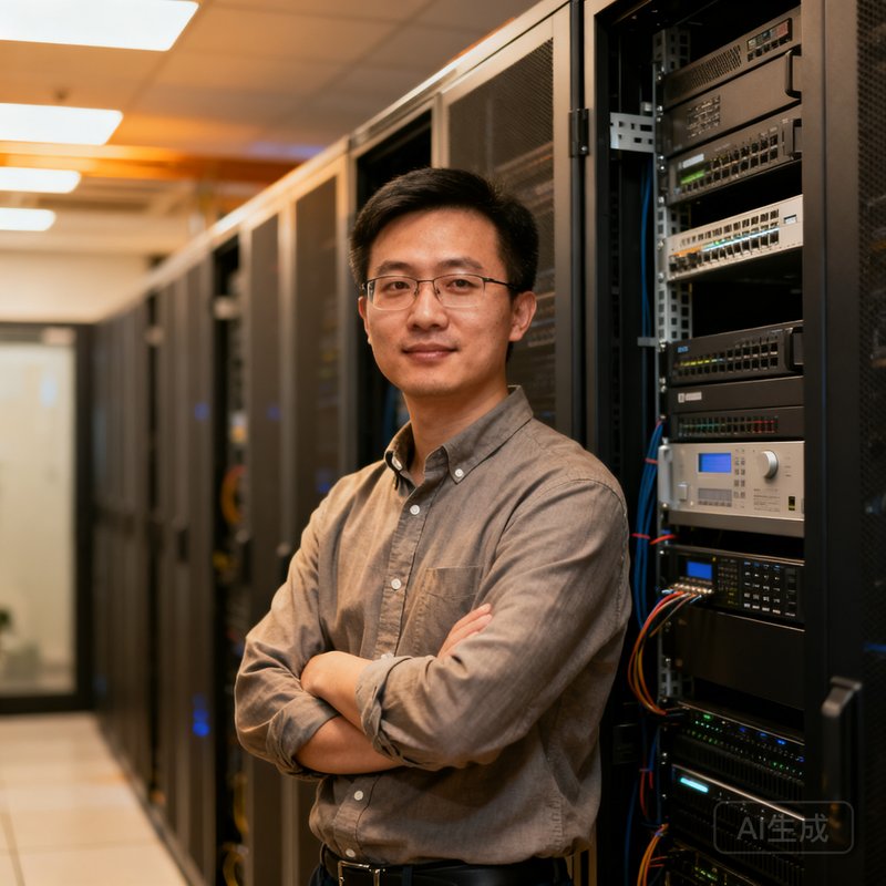 BG视讯科技技术总监王铭宇的半身照，他穿着休闲衬衫，站在公司机房内，身后是整齐排列的服务器机柜